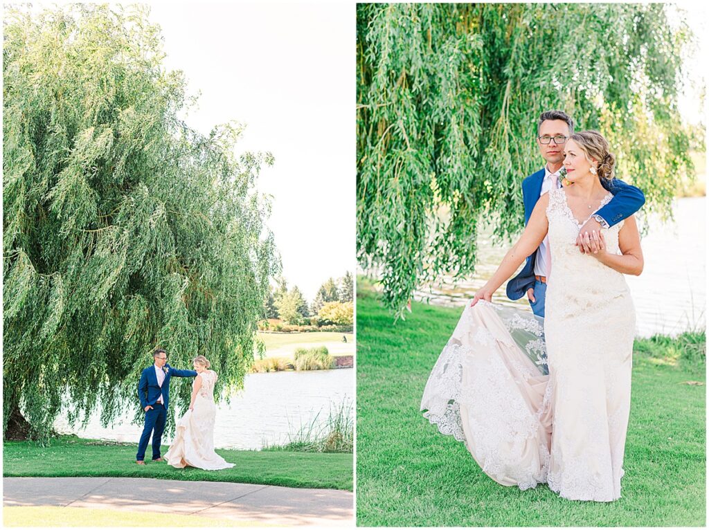 bride and groom at the willow tree at Langdon Farms Golf Club